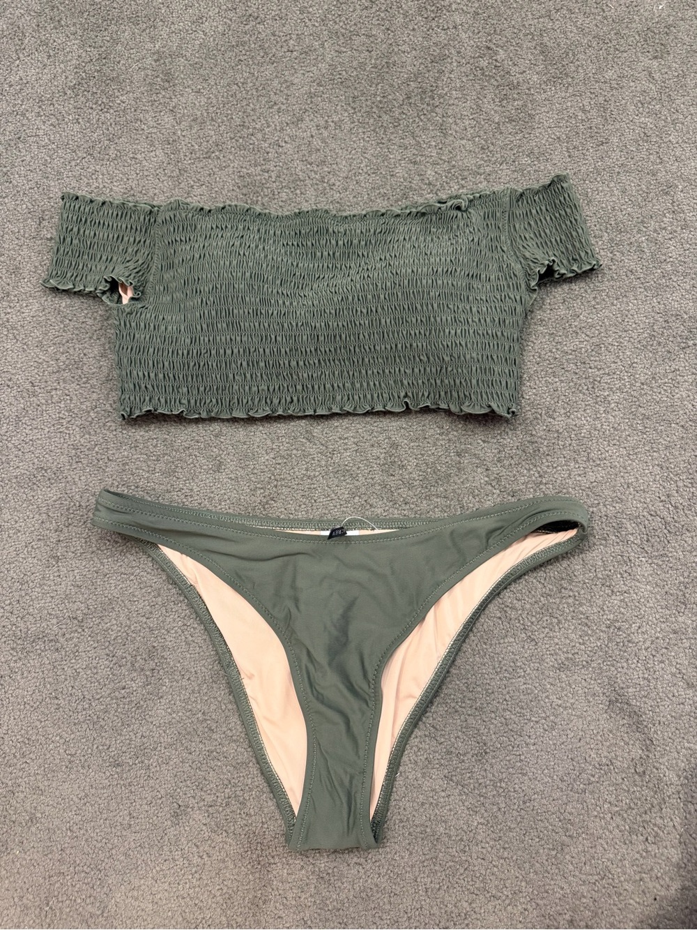 J. Crew Safari Green Smocked Off-Shoulder Bikini Set, Top M, Bottom S NWT